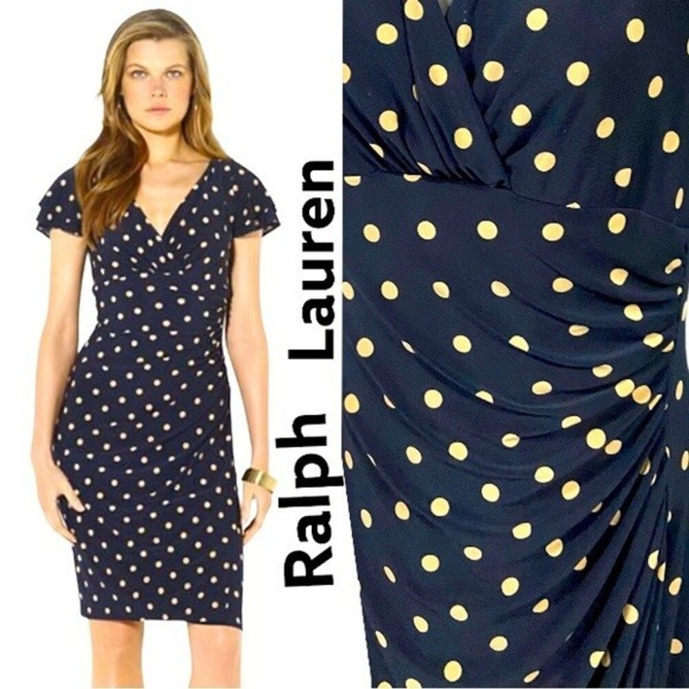 LRL Ralph Lauren Jersey Knit Faux Wrap Dress 4 Navy Blue Polka Dot Knee Length
